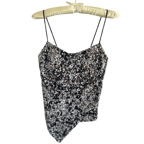Vtg Y2K Cache Sequin Camisole Cami S Metallic Silk Asymmetrical Spaghetti Straps - Picture 6 of 15
